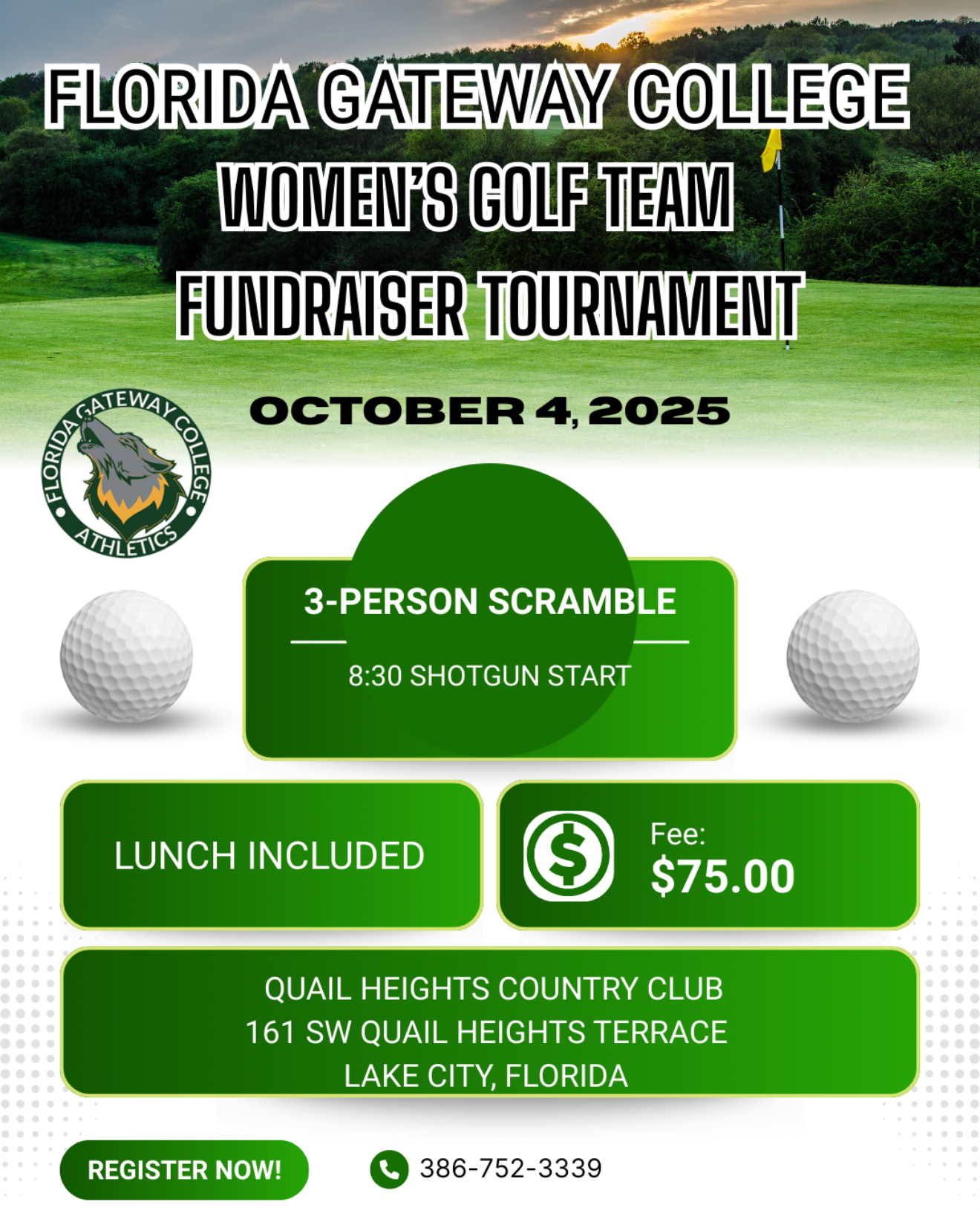 Flyer for golf tournament with gold balls and photo of golf course.